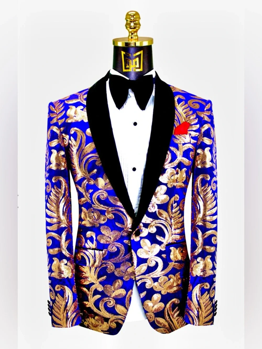 Macy's Cobalt Blue velvet Blazer with Gold Floral Jacquard